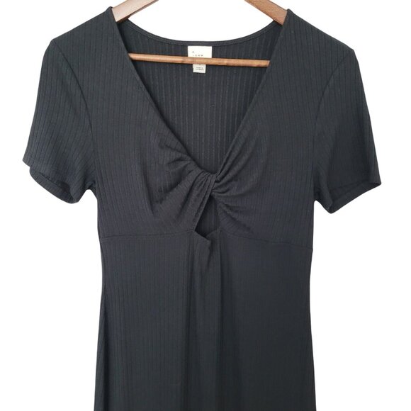 A New Day Ribbed V-Neck Twist Front Midi Dress Womens Size Small Black Side Slit - Picture 4 of 6